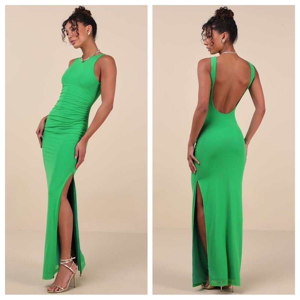 Lulus Karise Green Mesh Ruched Backless Maxi Dress